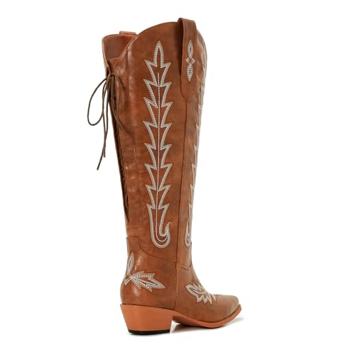 Image of Uillnoodu Wide Calf Cowboy Boots Women Knee High Tall Western Cowgirl Boots Adjustable Lace Up Plus Size Comfortable 2-Inch Heel