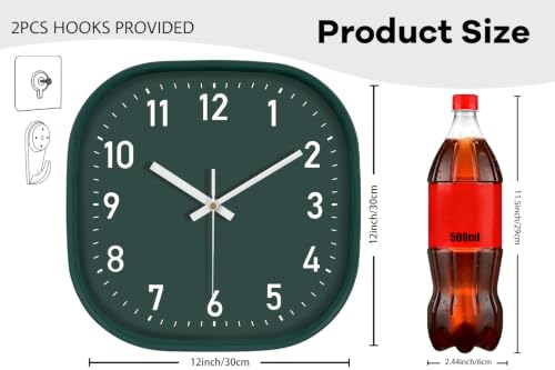 Image of 12 Inch Silent Wall Clock Non Ticking, Large Wall Clocks Dark Green