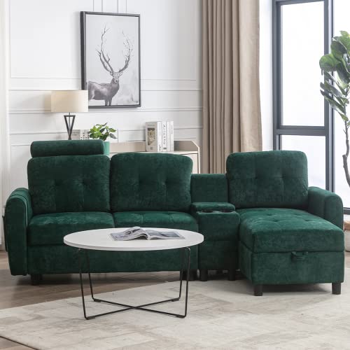 Kevinplus 89'' Sectional Sofa Couch With Chaise Lounge For Living Room, Modern 3-Seat Upholstered Tufted Cozy Storage Sofa Couch With Cupholder For Apartment Office, Polyester Fabric, Emerald #TOP2