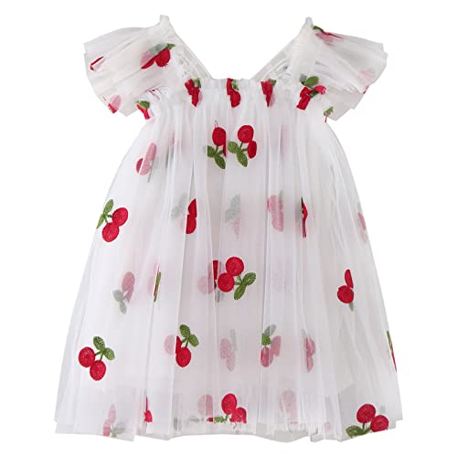 Toddler Girls Fly Sleeve Butterfly Cherry Embroidery Tulle Dress Dance Party Princess Flower Girl Dress for 12 Months
