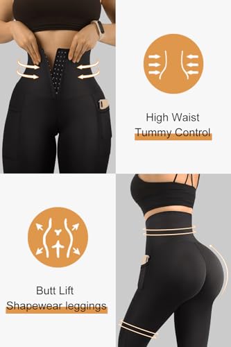 MOOSLOVER Women Corset High Waisted Leggings with Pockets Tummy Control Body Shaper Yoga Pants