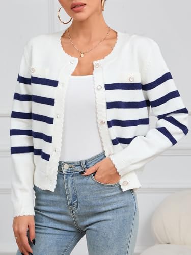 Women's Crew Neck Striped Cardigan Sweater Button Down Sweater4