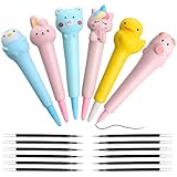 6 Pieces Kawaii Gel Ink Pens Cartoon Animals Gel Ink Pens Stress Relief Sponge Pens with 12 Pieces Replacement Refills for Students Kids School Classroom Stationery Supplies