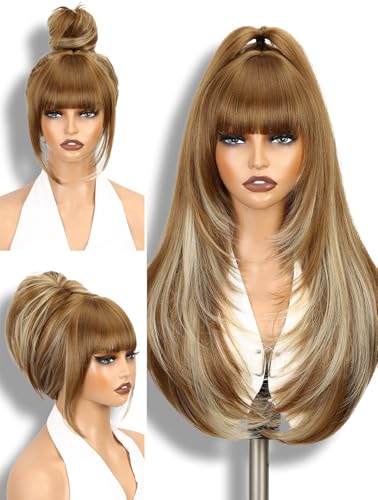 Long Layered Wig With Bangs Light Brown Mixed Blonde Wigs