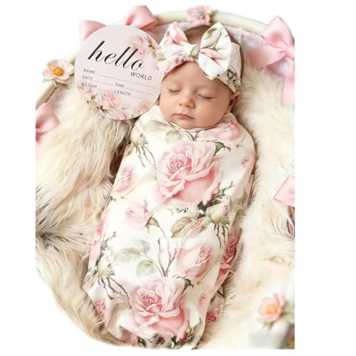 Image of Galabloomer Baby Girl Newborn Receiving Blanket with Headband Set Baby Swaddle Nursery Swaddle Wrap with Card (Vintage Flower)