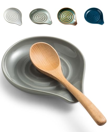Image of LAUCHUH Spoon Rest for Stove Top, 5 inch Ceramic Spoon Holder for Kitchen Counter Large Cooking Spoon Holder for Spatula, Ladle or Tongs, Heat-Resistant, Framhouse Decor for Father's Day, Gray