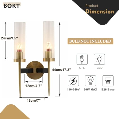 Image of BOKT Mid-Century Modern Indoor Crystal Wall Sconce Brushed Brass Gold 2-Lights Wall Sconce Lighting Clear Cylinder Glass Round Wall Sconce Long Bedroom Bedside Wall Light Lamp