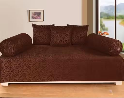 Velvet Diwan Set with Damask Pattern, Bolster Covers and Cushion Covers Included (Wine)-image-16