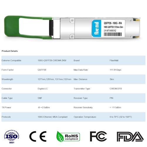 Image of 100G QSFP28 CWDM4 Optical Transceiver Module Compatible with Extreme 100G-QSFP28-CWDM4-2KM,100GBASE-CWDM4 QSFP28 IR4 1310nm 2km DOM