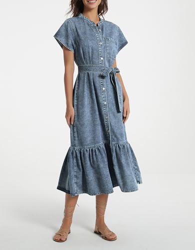Image of Kedera Summer Button Down Denim Shirt Dresses for Women Maxi Ruffle Short Sleeve Flowy Tiered Beach Sun Dress
