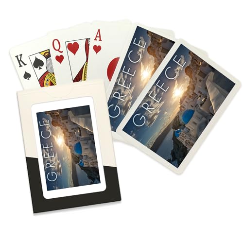 Lantern Press Grecia, Atardecer y Pueblo Costero, 52 cartas póker
