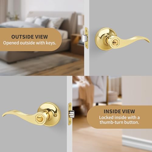 Gaurqiah Wave Style Entry Door Handle with Keys, Keyed Door Lever with Lock for Front/Entrance in Polished Brass Finish, Reversible Door Lever for Left/Right Doors by Gaurqiah - Image 6