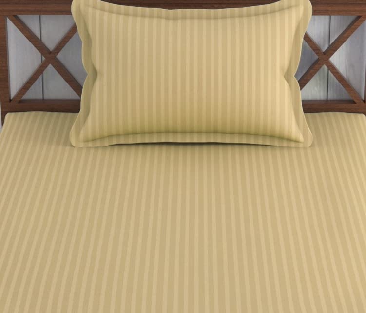 Image of Trance Home Linen 100% Cotton 75x36 inch Single Fitted 200TC Satin Stripe Elastic Fitted Bedsheet | Single Bed Size Daily use Fitted Bedspread with 1 Pillow Covers (75 inchx36 inch | 6.25x3 feet,Beige)