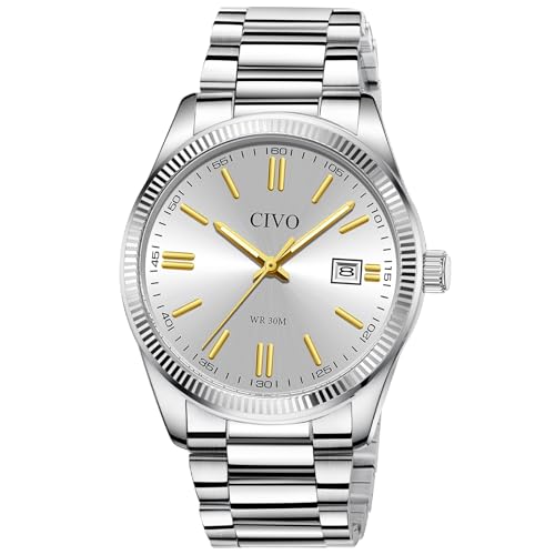CIVO Analog Mens Watches Silver Gold: Wrist Watch with Date - Dress Stainless Steel Watch Gifts for Husband Father at Birthday Anniversary