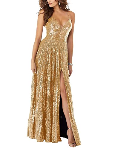 N/ C SAYNO Robes de demoiselle d'honneur longues en paillettes avec col en V profond et fente haute, bretelles fines, robe de soirée de fête, doré, 38