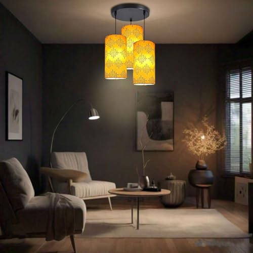 Image of 3 Set Hanging Cluster Light - Pendant Lamps in Cylindrical Shape for Living Rooms /Bed Rooms (Printed Kolam)