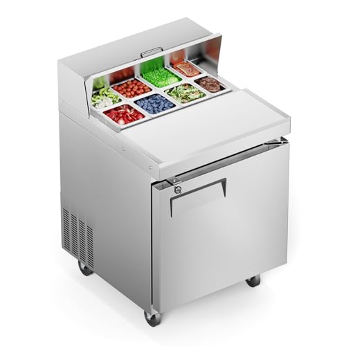 Image of 27 inch W 7.4 Cu. Ft Commercial Salad Prep Refrigerator, Single Door Stainless Steel Sandwich Prep Table with Cutting Board & 8 Pans, Fan-Cooled Buffet Station for Restaurants, Small Kitchens, Bars