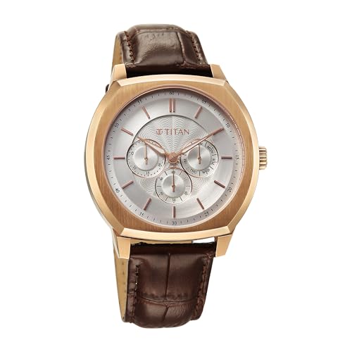 Image of Titan Regalia Arc Analog with Day Date Second Subdial and Silver Dial Brown Leather Strap Watch for Men - 90213WL01