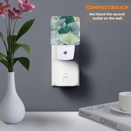 Image of Green Ginkgo Leaves Dusk to Dawn Night Light, Auto Sensor Lamp Home Indoor Stairway Kitchen Corridor, Night Lights Plug into Wall Decor, Boys Girls Women Men Room Gifts