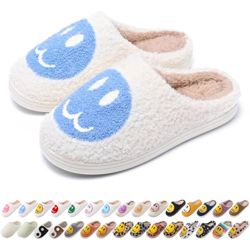 Image of Women's Men's Preppy Happy Face Slippers Comfy Warm Plush Slip-On House Slipper for Winter Indoor Soft Cushion Non-slip Fluffy Slides Slippers