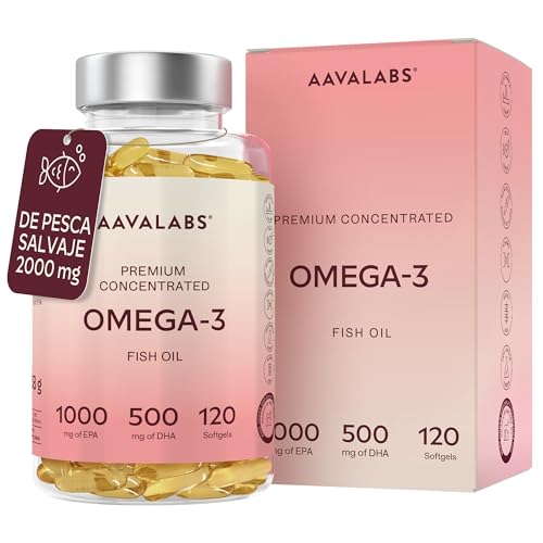 Aavalabs Omega 3 2000mg por dosis diaria (2 cápsulas) - 1000mg de EPA + 500mg de DHA por dosis diaria - Ácidos Grasos de Alta Potencia - Destilado Molecularmente - 120 Cápsulas - 60 días de suministro