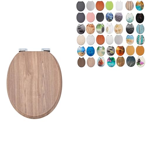 18 MDF Toilet Seat Universal Adjustable Fit Most Toilets Oval SeatBathroom Standard Wooden MDF Toilet Seat | WC SEAT +Fittings (Light Brown Wood Grain)