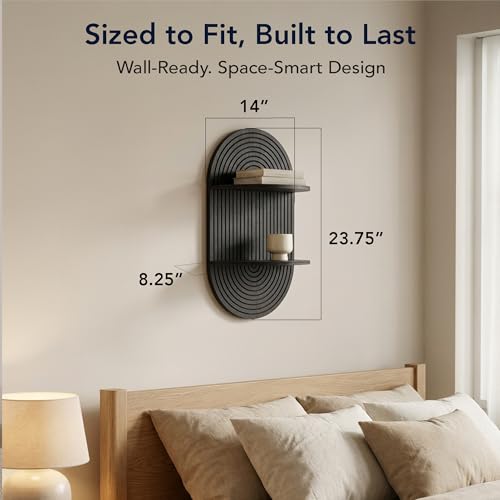 Image of American Art Decor Black Boho Arched Modular Carved Wall Shelf, Wooden 2-Tier Floating Bookshelf for Wall, Fluted Arch Display Shelf for Bedroom Bathroom Kitchen Living Room Decor, 14 inch x 24 inch