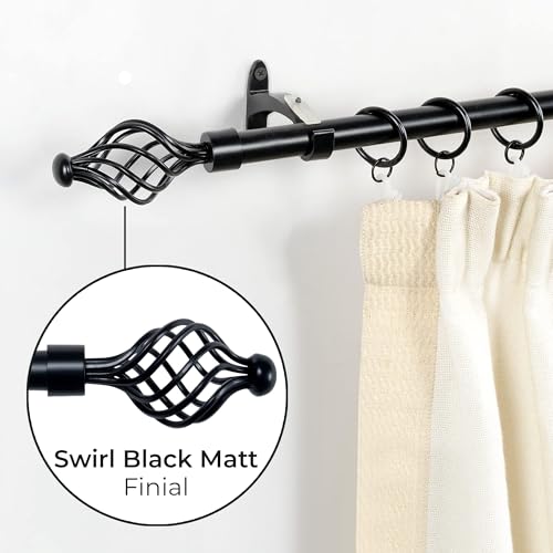 Image of Deco Essential 2 PC 66 inch-120 inch Adjustable Curtain Rod | Heavy Duty Iron Rod with Swirl Finials & Brackets | Extendable Wall Mounted Rod with Thicker Wall Tube, Black Matt.