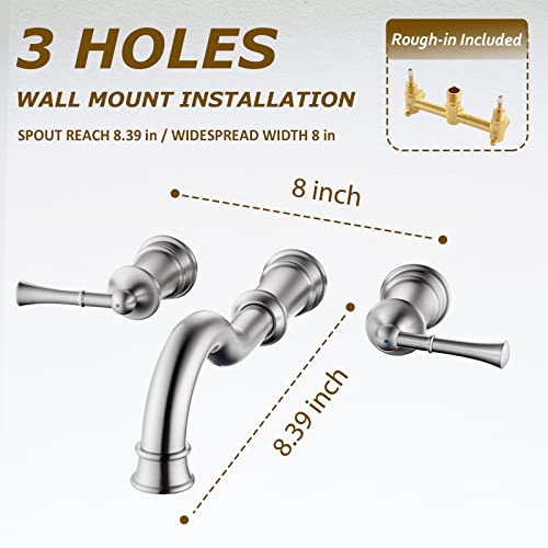 Winkear Wall Mount Bathroom Sink Faucet 3 Hole Brushed Nickel 2 Lever Handles 8 Inch Widespread Lavatory Faucet 360° Swivel Spout Brass Rough-In Included #TOP2