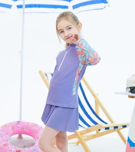 Image of Girls Rash Guard 3 Piece Swimsuit Set UPF 50+ Long Sleeve Swim Skirt Sets Size 6-12 Years