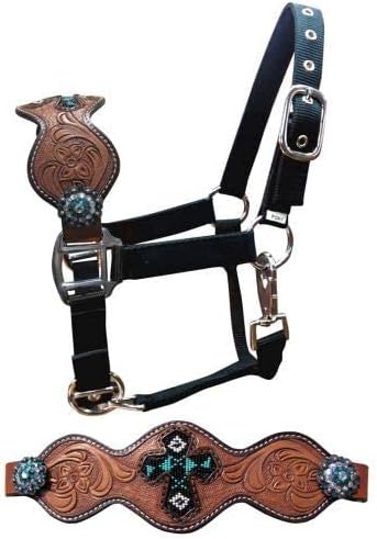 Showman Pony Size Leather Bronc Halter w/Teal Beaded Cross Inlay & Floral Tooling