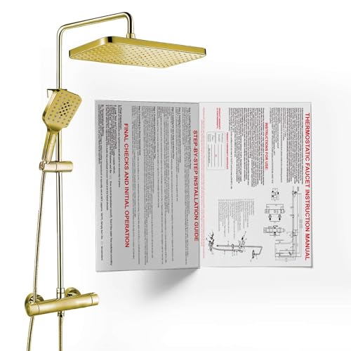 JUSTER Système de Douche Thermostatique,Doré, Ensemble Complet d'Accessoires de Douche avec Pomme de Douche Ronde à Effet Pluie, Comprenant une Barre de Douche Réglable, Colonne de Douche