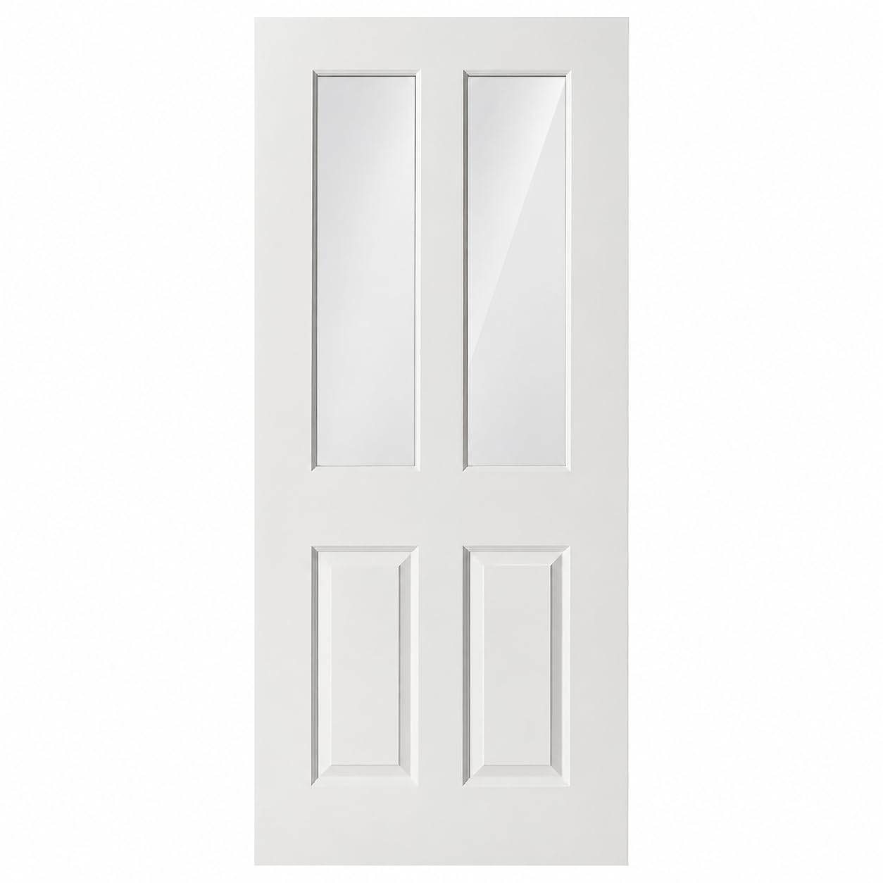 Premdor Internal Door, Clear Glass, White Primed Smooth 2 Panel 2 Clear Light, Hollow Core Construction, Primed White, Ready for Final Painting, 762 x 1981mm (30"x78") with 35mm Thickness