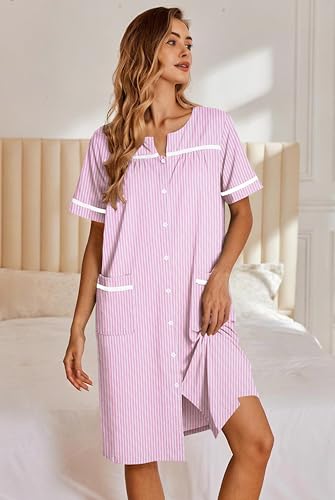 Image of Ekouaer Nightgowns for Women House Dress with Pockets Button Down Sleepshirt Short Sleeve Nightshirt Housecoat