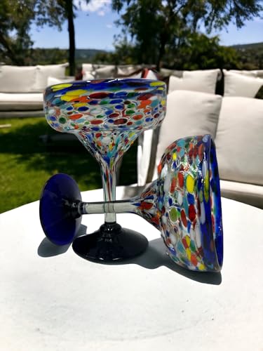 Set of 2 Hand-Blown Margarita Glasses | 16 oz Mexican Confetti Glassware with Colorful Rock Design | Blue Rim & Foot