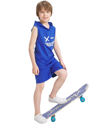 Image of Kids Boys Summer 2PCS Outfits Sleeveless Hooded Loose Casual Top Shirt and Elastic High Waist Sports Short Pant Set
