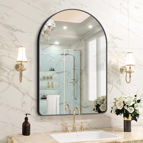 Image of FORBATH Arched Bathroom Mirror 26x38 Inch, Bathroom Mirror Wall Mounted Modern Black Aluminum Alloy Frame Decor Dresser Mirror for Bedroom Living Room Entryway, Hanging or Leaning Against Wall