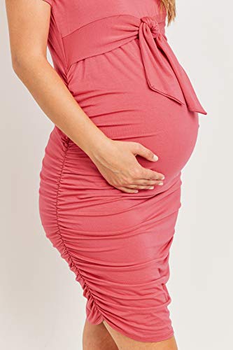 Laclef Maternity Short Sleeve Bodycon Dress With Tie Front, Side Ruched (Dark Rose,Large) #TOP3