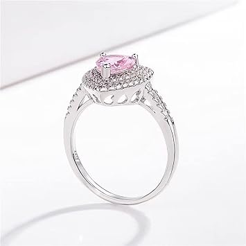 925 Sterling Silver Shiny Full Diamond Ring Pink Heart Rings for Women 14K White Gold Plated Cubic Zirconia Diamond Rings for Her Promise Wedding Engagement Ring for Girls Mothers Day Size Q