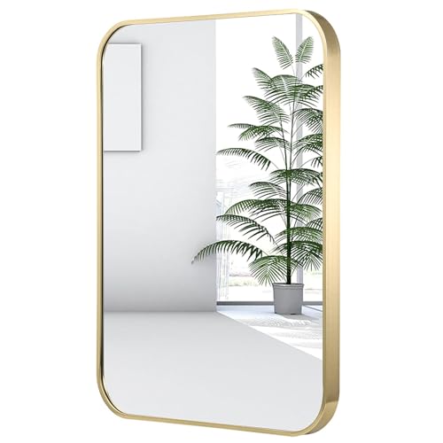 JENBELY 22x30 Inch Gold Bathroom Mirror, Brushed Gold Metal Framed Rectangular Mirror with Rounded...