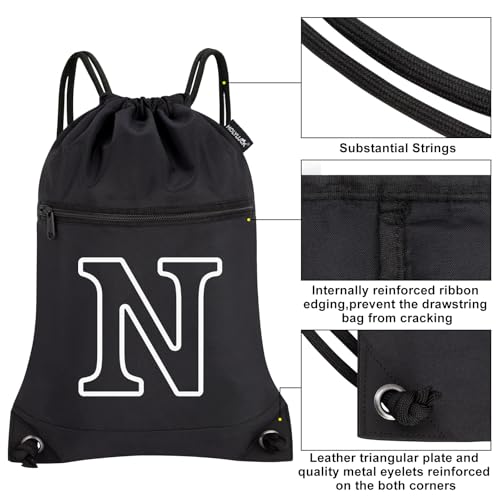Image of HOLYLUCK Drawstring Bags Initial Backpack Sackpack Cinch Bags for Sports, Gym, Travel, Beach (Black-N)