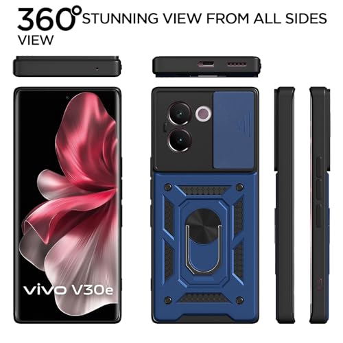 Image of Outlouders Back Cover for Vivo V30e 5G | D10 Tough Armor 360 Protection Case with Sliding Camera Shield & Ring Holder Stand Bumper Case (Blue)