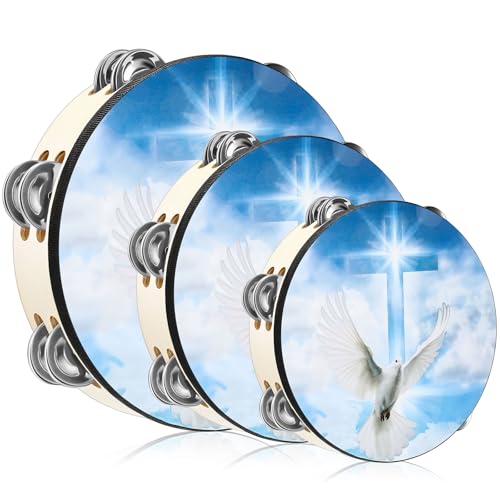 Fiada 3 Pcs Dove Tambourines for Adults Church Christian Dance Tambourine Double Row Jingle Bible Hand Bell Clap Drum for Church Pray Party Percussion Musical Instrument