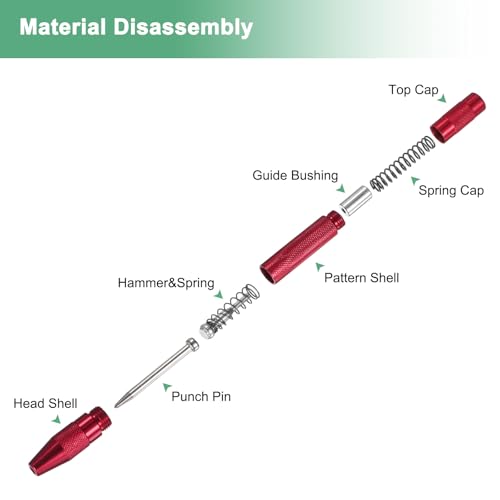 M METERXITY 2er-Pack Automatischer Körner, 133mm Hochgeschwindigkeitsstahl Federbelasteter Nagelkörner Werkzeug für Stahlplatte/Holzbrett/Glas, Einstellbares Schlagkörner Werkzeug [Rot]