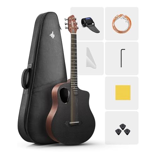 Donner 38″ Carbon X Wood Acoustic Guitar Beginner & Intermediate Learner Kits – Carbon Fiber Top, Wooden Body, Durable Solid Guitar with Case, Strap, Steel-String, RISING-G1 (Satin, Brown)