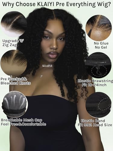 Image of KLAIYI 13X4 Pre Everything Burmese Curly Wig With Finger Coil Ends Put On and Go Spiral Curls Lace Front Human Hair Wigs Drawstring Glueless Precut Ear to Ear HD Lace Pre Plucked Bleached Knots 20Inch