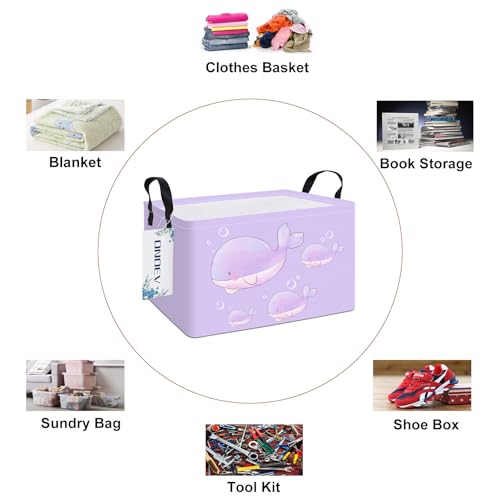 Image of Rectangular Purple Whale Waterproof Collapsible Storage Bin Organizer | stain-proof canvas, reinforced handles, planet print for laundry, study, living room, hallway, closet and playroom