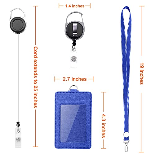Life-Mate Badge Holder - Leather Id Badge Card Holder Wallet Case With 3 Cards Slot And Neck Lanyard/Strap. Additional Retractable Badge Reel With Belt Clip (Blue, Linen Finish) #TOP4