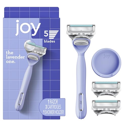 joy lavender razor for women, shave kit with 1 handle + 3 razor blade refills, includes shower holder