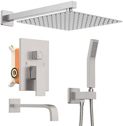 KOJOX Sistema de ducha de 12 pulgadas con cabezal de ducha de lluvia de alta presión, cabezal de ducha de mano, kit de molduras de grifo de bañera y
